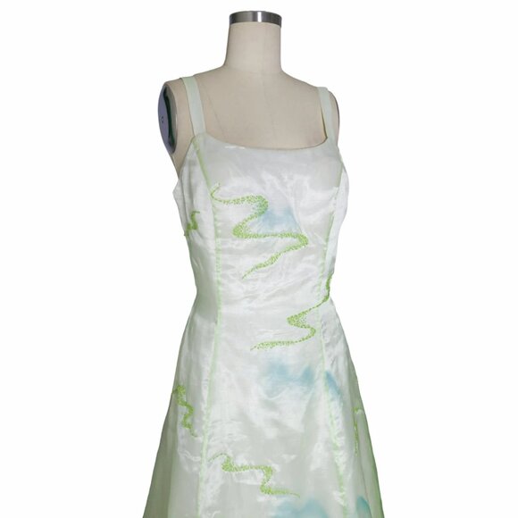 Vtg Dreamy Airbrush Landscape Print Gradient Mesh Overlay Ball Gown Prom Dress - Picture 6 of 9